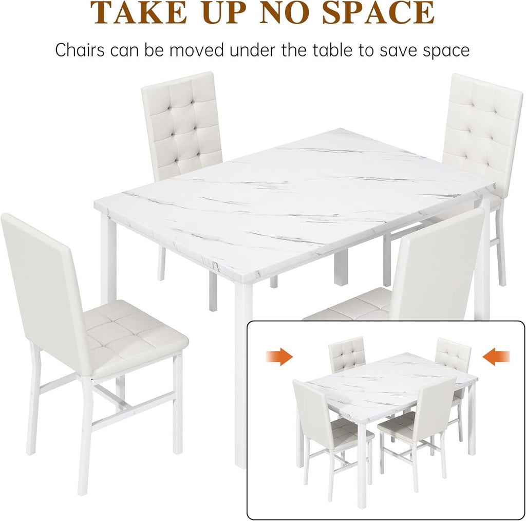 MOOSENG 5-Piece Dining Table Set with Faux Marble Top, Modern Kitchen Table and Set of 4 Grey Velvet Upholstered Chairs, Space-Saving Dinette Set for Small Spaces