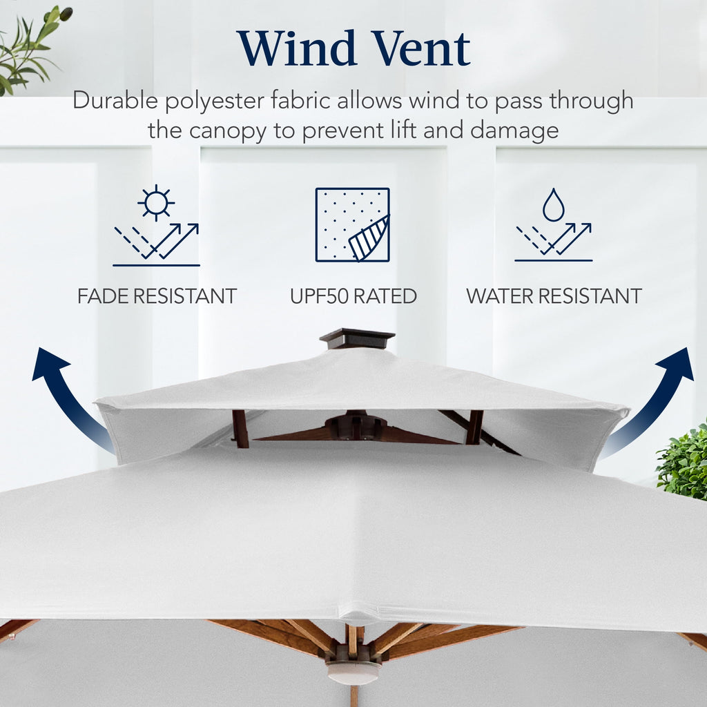 Best Choice Products 10ft Square Woodgrain Pattern 2-Tier Outdoor Solar LED Cantilever Umbrella w/ Base - Gray
