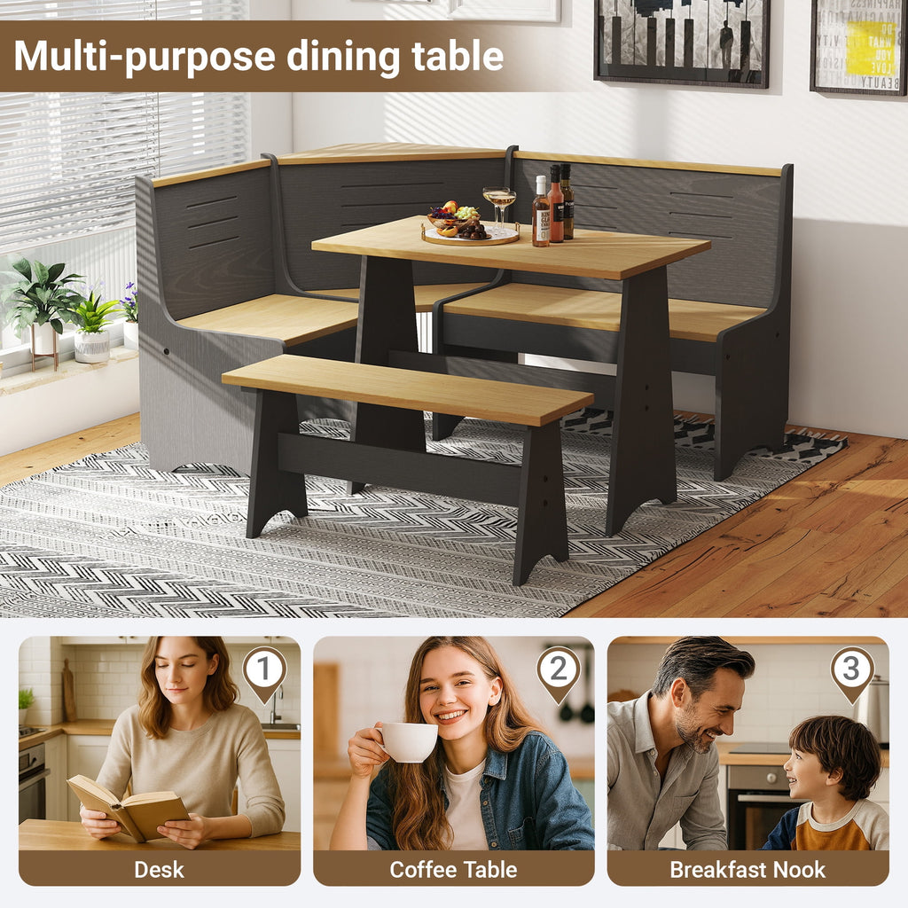Breakfast Nook Kitchen Corner Dining Table Bench Chair Set, Space-Saving 3-4 Seat L-Shape Farmhouse Mid Century Modern Style for Family Home Black Wood