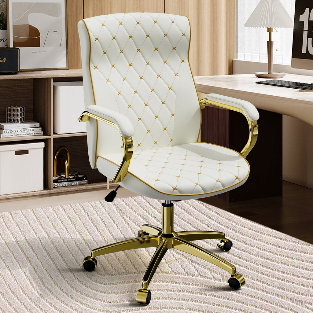 HomeZeer White and Gold Office Chair, Ergonomic High Back Executive Desk Chair with Wheels and Arms, Modern PU Leather Computer Chair with Rocking Function, White(Set of 2)