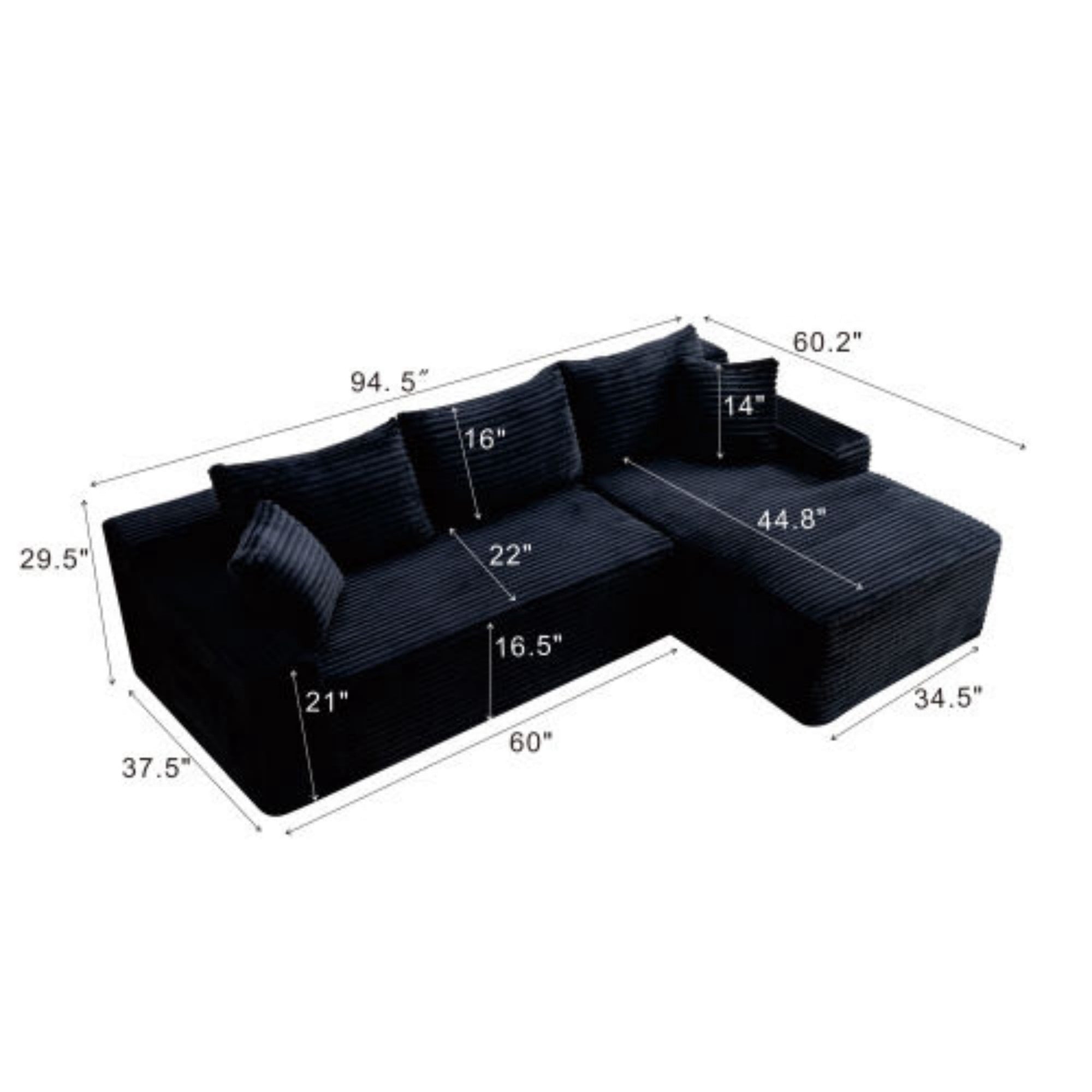 LLappuil 108 Sectional Sofa, Modular Sectional Couch with Left Chaise, Deep Seat Corduroy Cloud Sofa for Living Room Black
