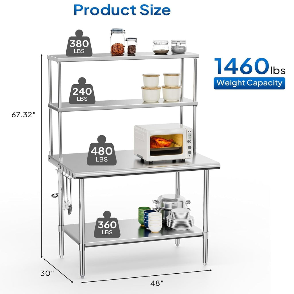 Ktaxon 72 x 30 Stainless Steel Workbench with Overshelves, NSF Commercial Heavy Duty Work Table with Adjustable Undershelf & Detachable Hooks