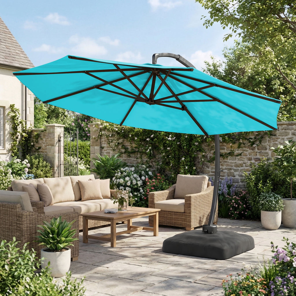 LAZZO 11ft Outdoor Patio Umbrella with Base, Aluminum Offset Cantilever Umbrella for Pool Deck, Champagne