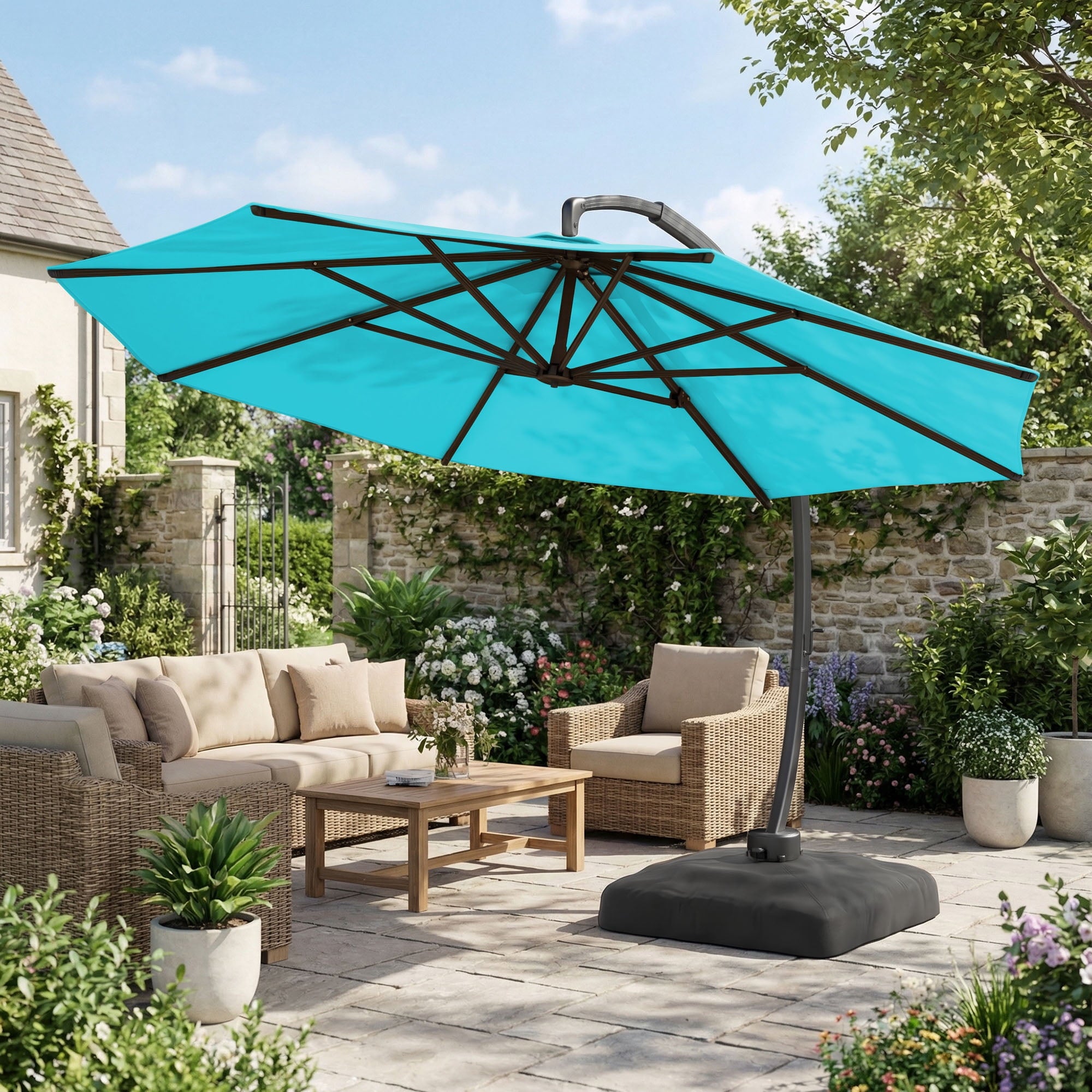 LAZZO 11ft Outdoor Patio Umbrella with Base, Aluminum Offset Cantilever Umbrella for Pool Deck, Champagne