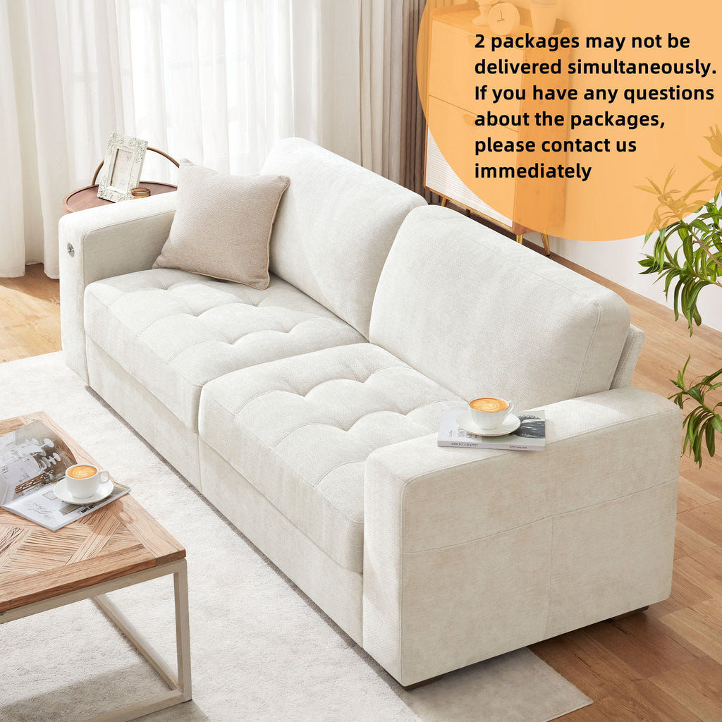 Bedluxury 89 Deep Sofa Couch with USB/Type-C Charging, Storage Pocket & Wide Armrest, Removable Cover, Seats 3 Adults, Chenille Beige