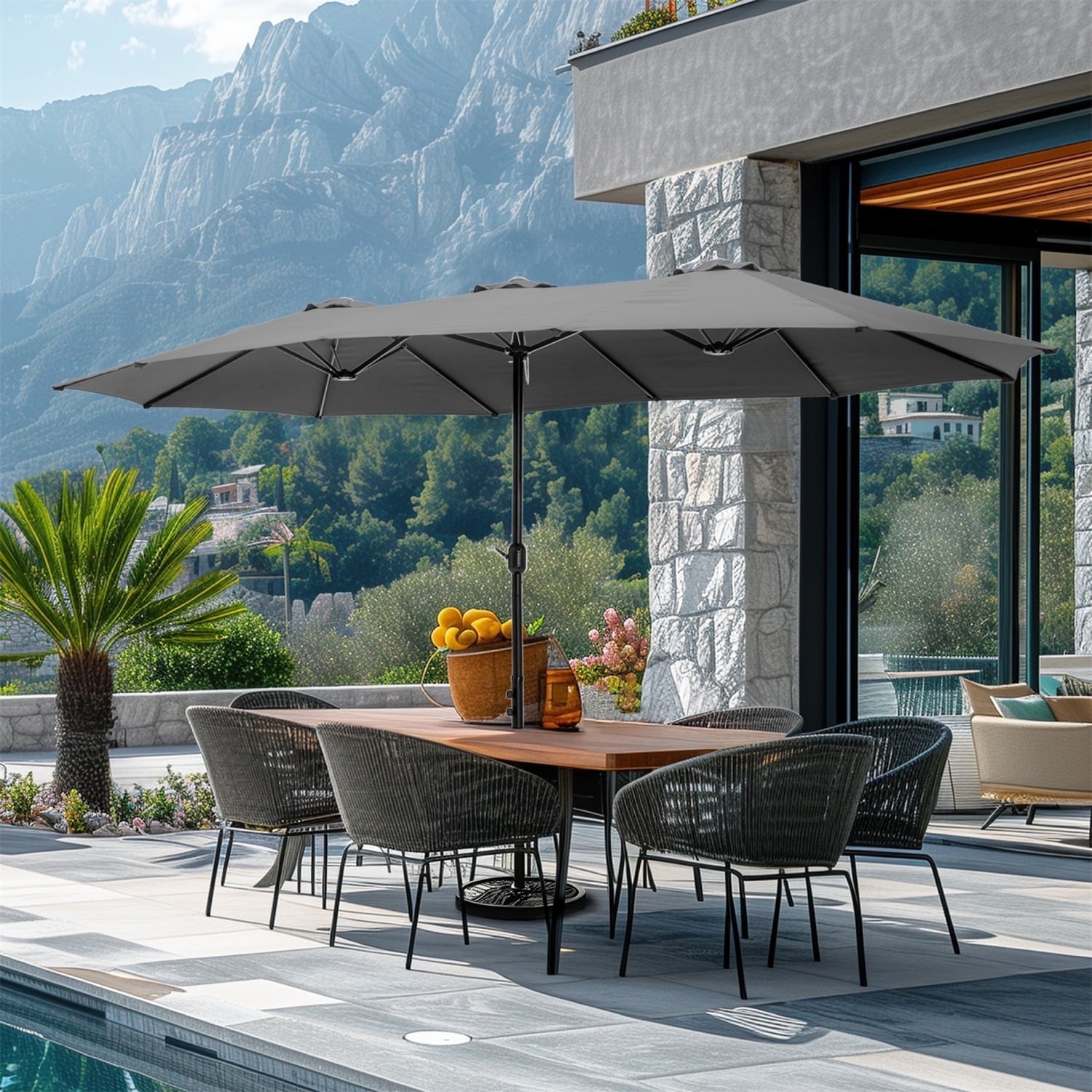 SUMMIT LIVING 15 ft Large Patio Umbrella with Base (Included) Double-Sided Rectangular Outdoor Deck Umbrella for Outside - Beige