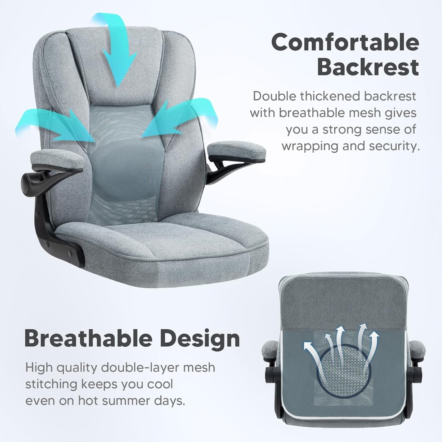 SEATZONE Ergonomic Home Desk Office Chair with Armrests and Wheels, Comfortable Swivel Task Executive Computer Chair, Velvet Fabric for Adults and Teens,Gray