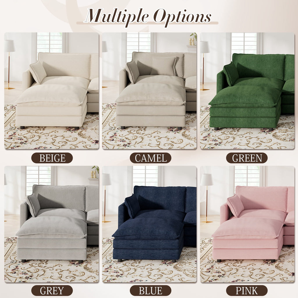 Muumblus Sectional Sofa Cloud Couch with Reversible Ottoman, L-Shaped Chenille Sofa for Living Rooms, Beige