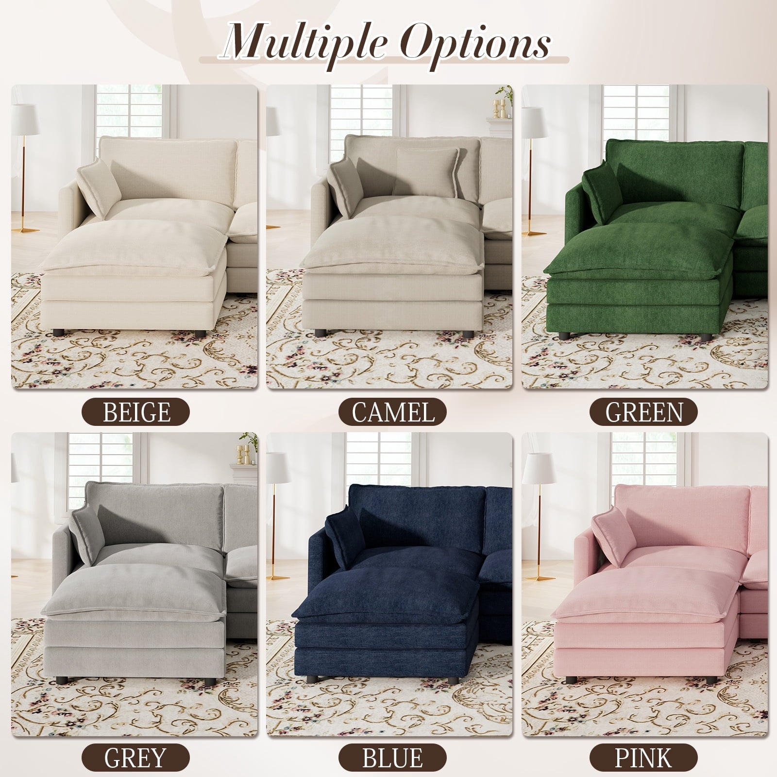 Muumblus Sectional Sofa Cloud Couch with Reversible Ottoman, L-Shaped Chenille Sofa for Living Rooms, Beige