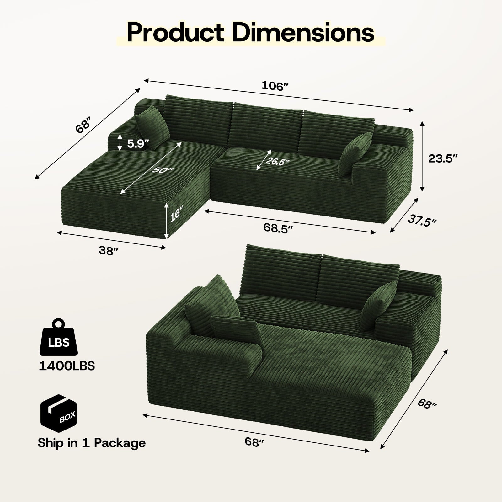 Patbrela 106 Sectional Couch for Living Room, L-Shaped Boneless Cloud Couch Corduroy Modern Sectional Sofa with Deep Seat and Thickened Cushion, No Assembly Required, Black