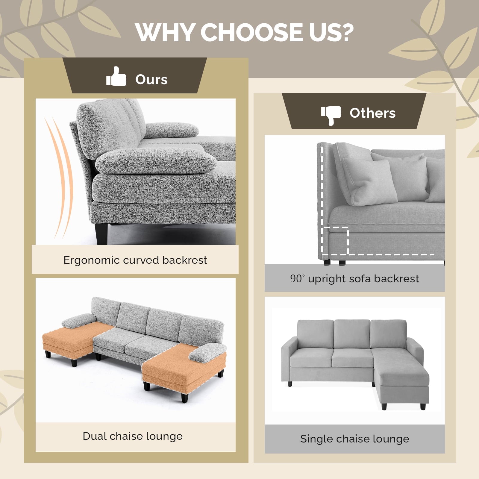 Ktaxon U-Shaped Sectional Sofa Set with Chaise, 4-Seater Blended Chenille Couch for Living Room, Apartment, Easy Assembly Khaki