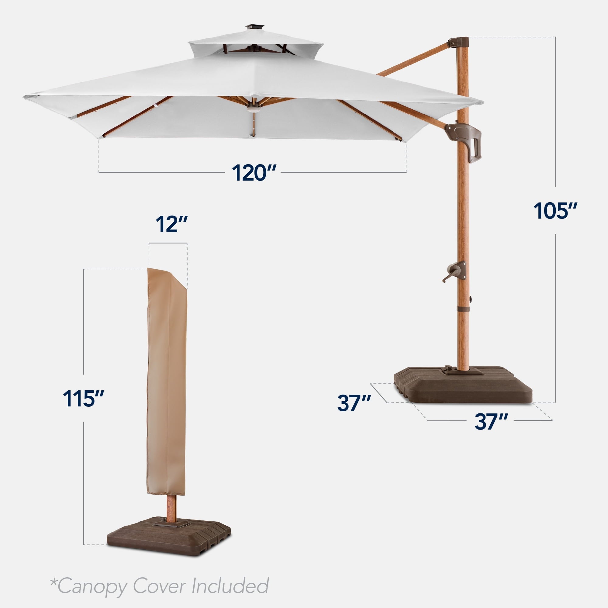Best Choice Products 10ft Square Woodgrain Pattern 2-Tier Outdoor Solar LED Cantilever Umbrella w/ Base - Gray