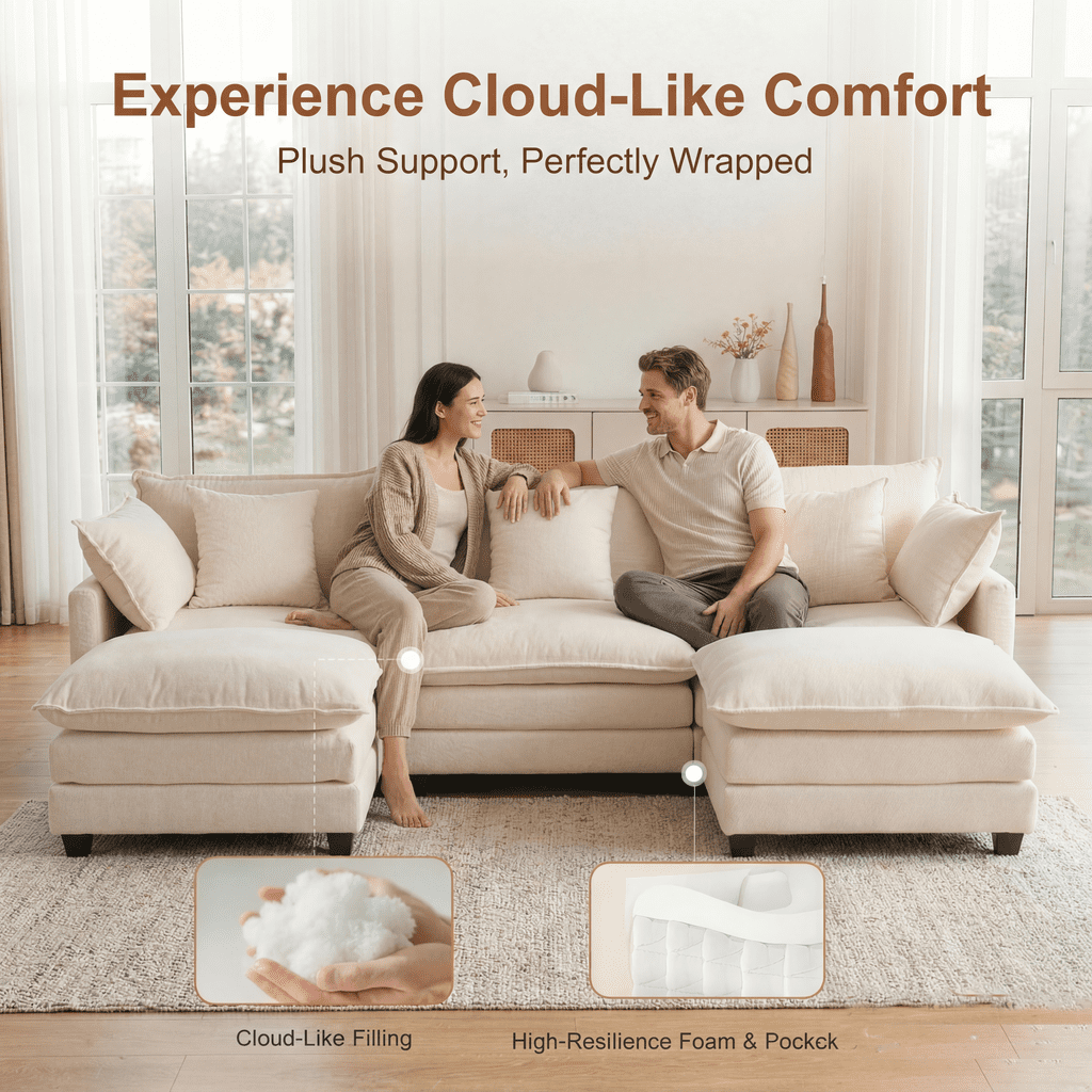 Dioepic Cloud Chenille 3-Seat Living Room Sectional Sofa Modern Cloud Couch 111.4 with Ottoman & 3 Pillows, Grey
