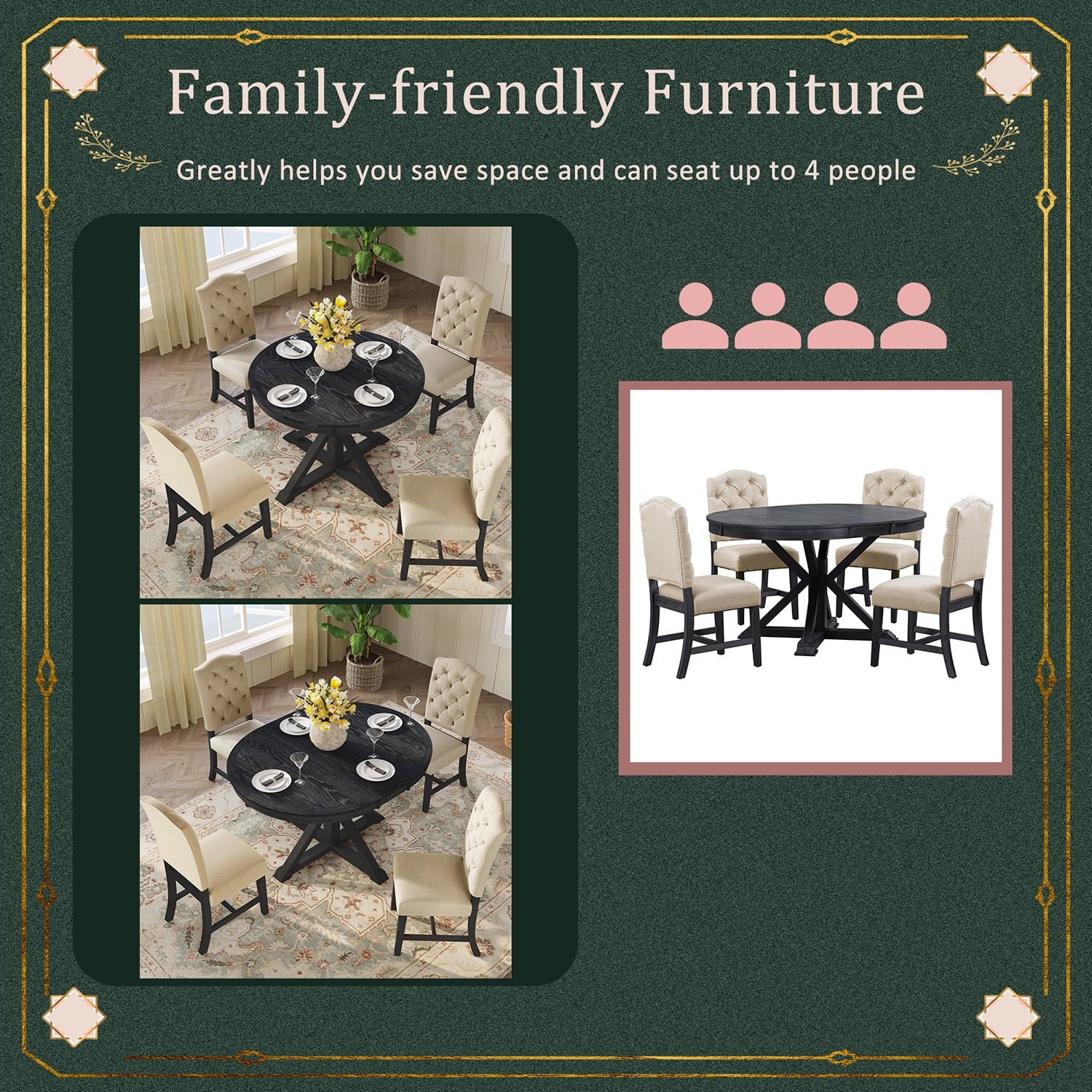 Harper & Bright Designs Extendable Dining Table Set for 4 Upholstered Chairs Functional Retro Style Table for Dining Room Kitchen, Natural Wood Wash