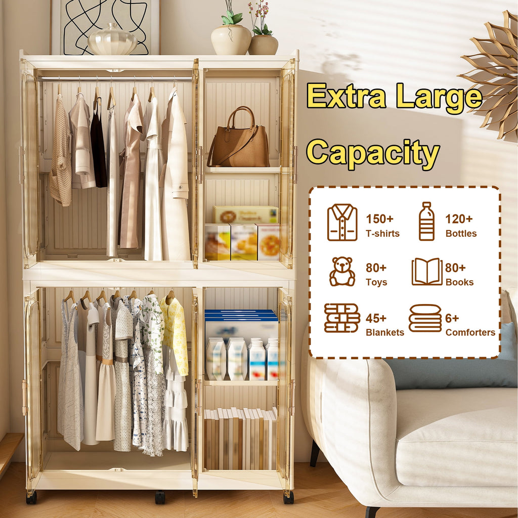 Garmic 62 Foldable Storage Wardrobe with Wheels, Portable Closet Organizer with 6 Magnetic Doors & 2 Hanging Rod, Plastic Armoire for Clothes Toys Books, White