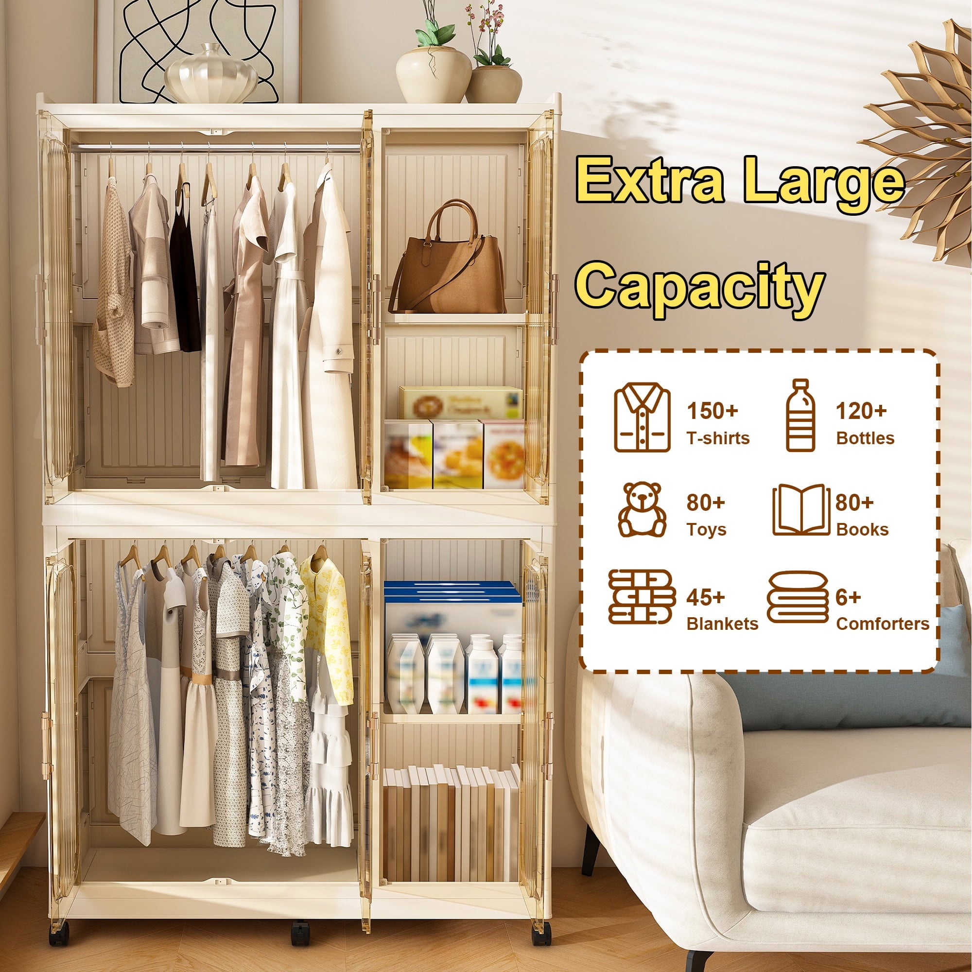 Garmic 62 Foldable Storage Wardrobe with Wheels, Portable Closet Organizer with 6 Magnetic Doors & 2 Hanging Rod, Plastic Armoire for Clothes Toys Books, White