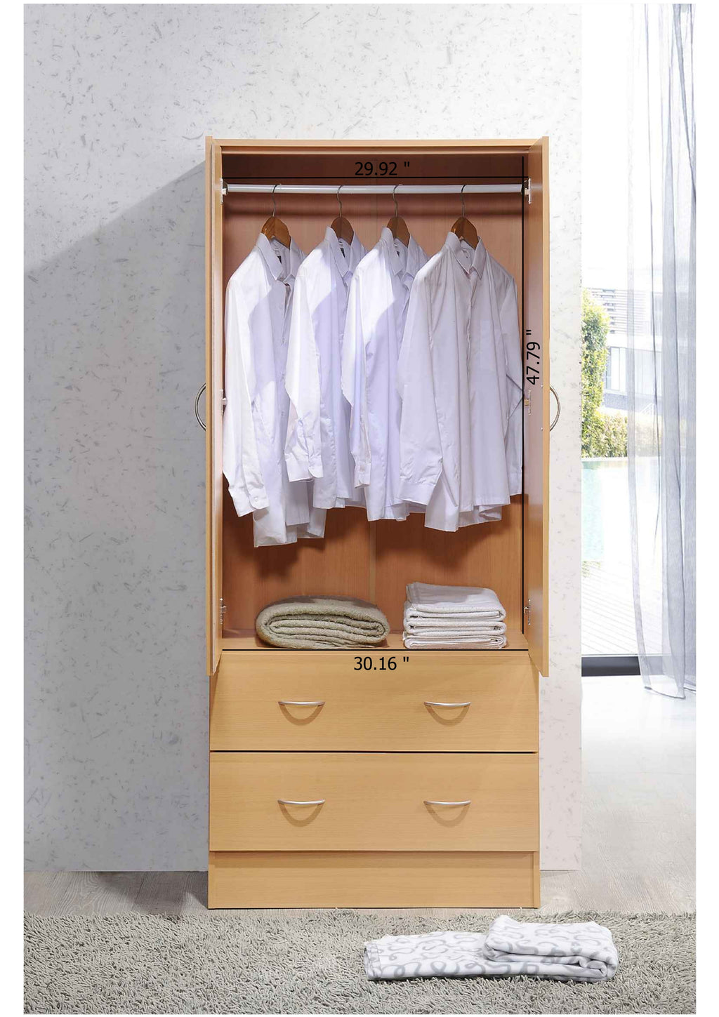 Hodedah 2-Door Armoire with 2-Drawers and Clothing Rod in Black