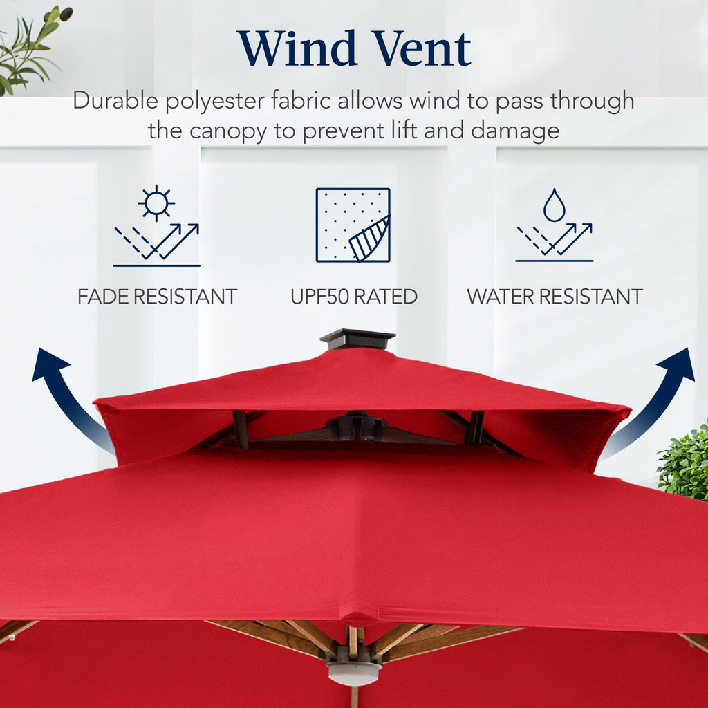Best Choice Products 10ft Square Woodgrain Pattern 2-Tier Outdoor Solar LED Cantilever Umbrella w/ Base - Gray