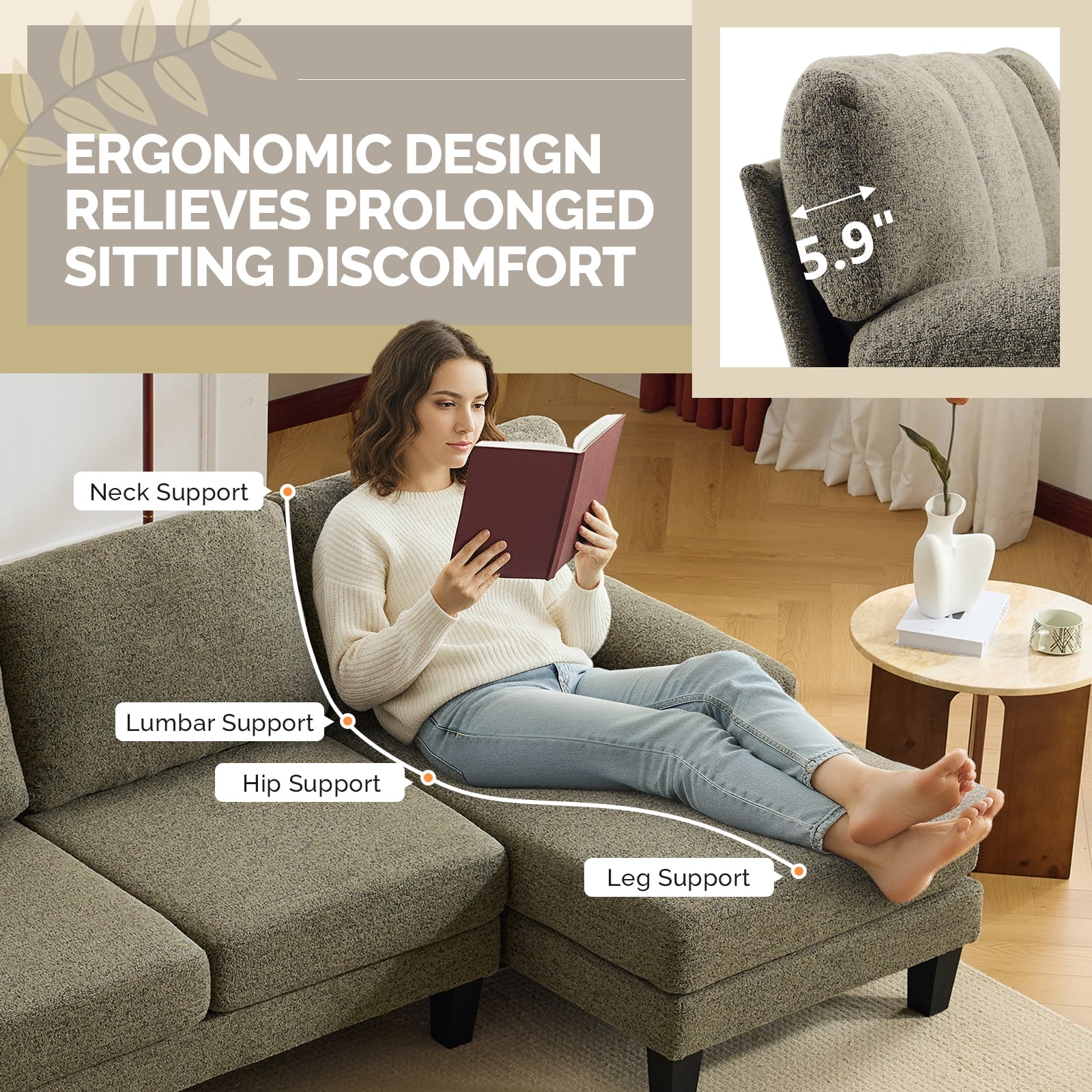 Ktaxon U-Shaped Sectional Sofa Set with Chaise, 4-Seater Blended Chenille Couch for Living Room, Apartment, Easy Assembly Khaki