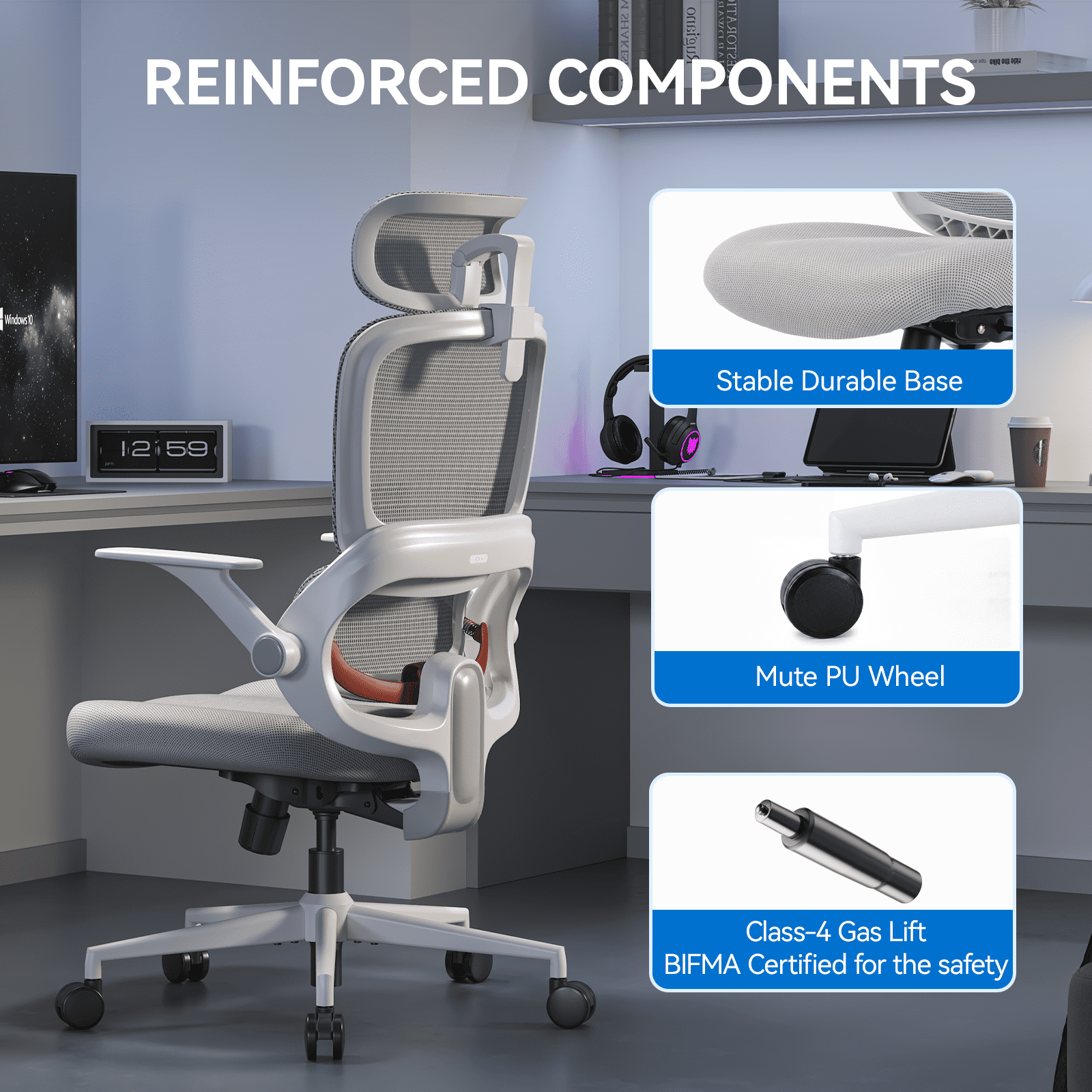 SIHOO B100 Se Office Chair, Executive Chair with Cotton Seat, Dual-Back Ergonomic Chair, 2D Adjustable Headrest & Flip Link Armrest, Comfort Mesh Chair for Home Office & Gaming, 265lbs, Gray