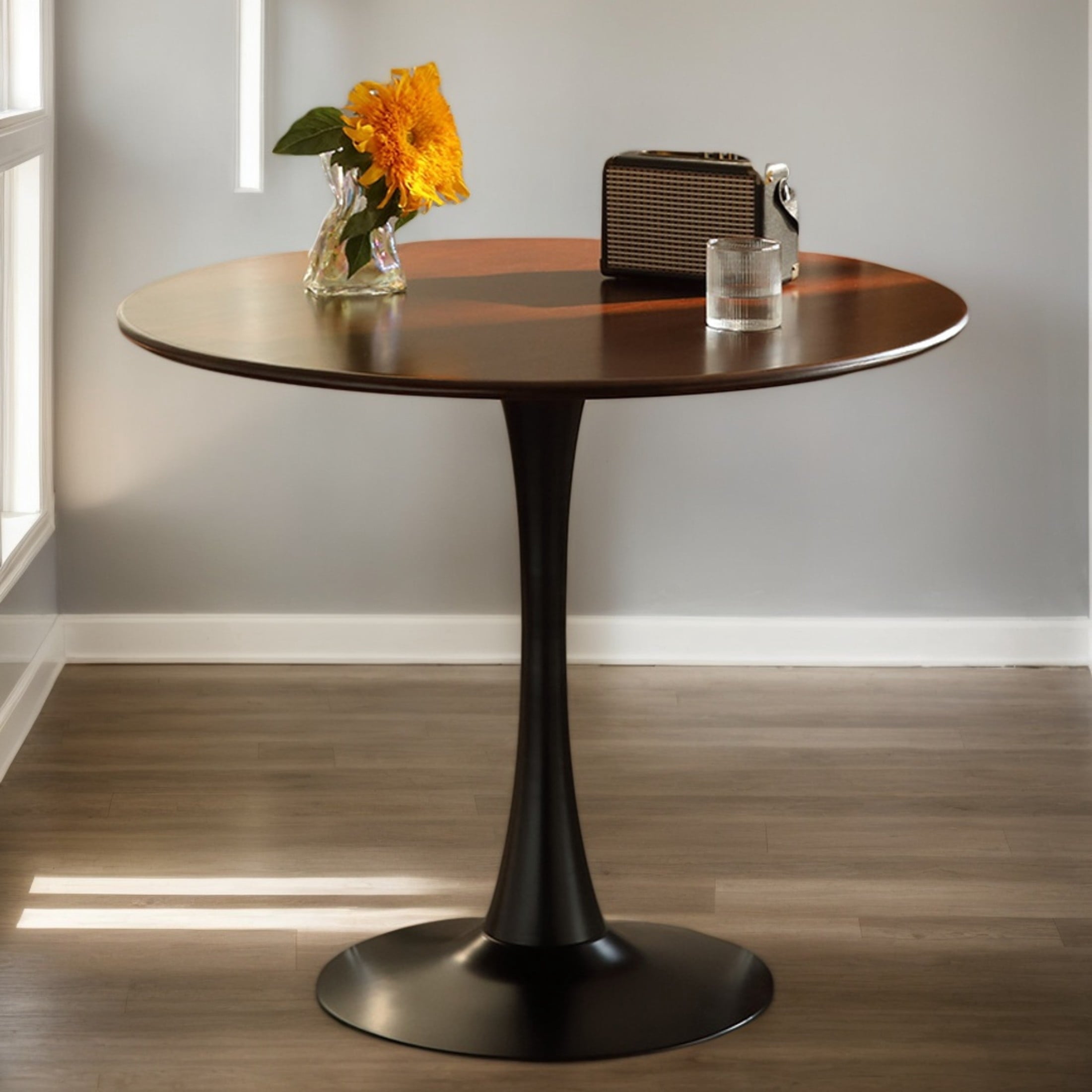 GDF Studio 24 Round Modern Dining Table, Wooden Top Tulip Table with Steel Pedestal Base, Kitchen Table, Walnut