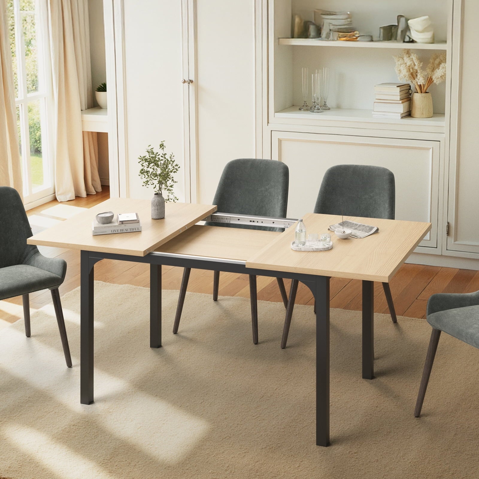 Someet Large Extendable Dining Table for 4-8, Modern Wood Space-Saving Extra Long Folding Kitchen Table for Dining Room, Natural