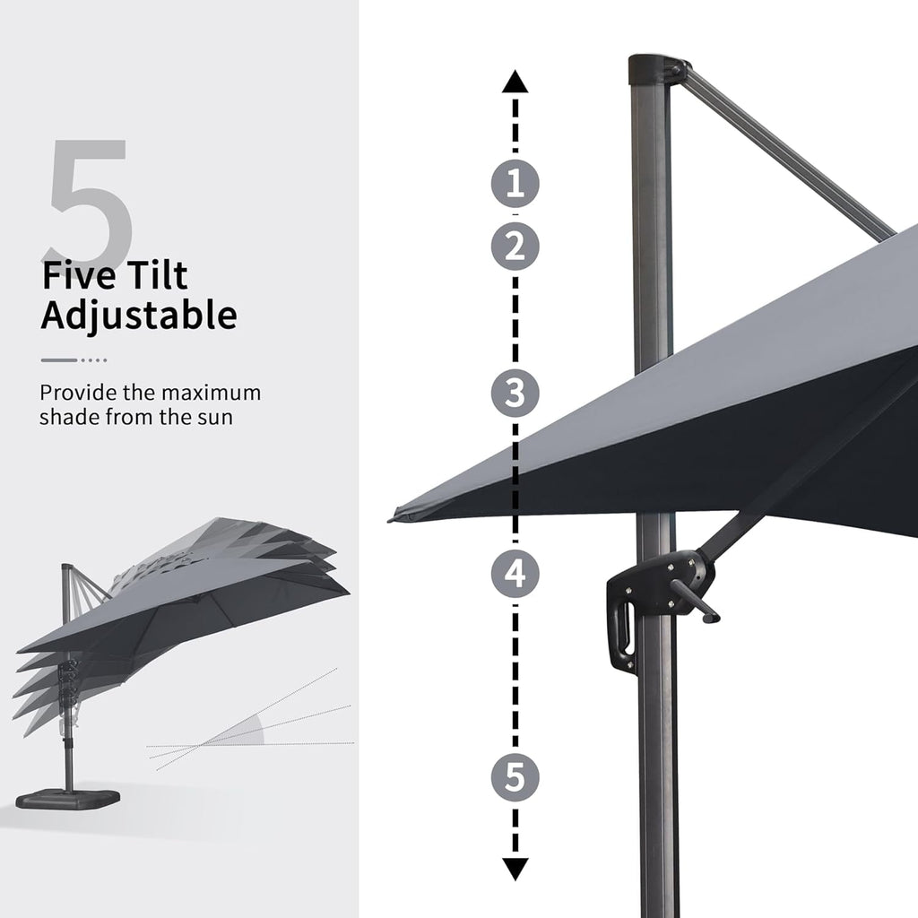 PURPLE LEAF 10x10 Ft Cantilever Umbrella Square Outdoor Patio Umbrella Large Offset Hanging Umbrella Aluminum Umbrella with 360°Rotation Adjustable Garden Pool Umbrella,Gray
