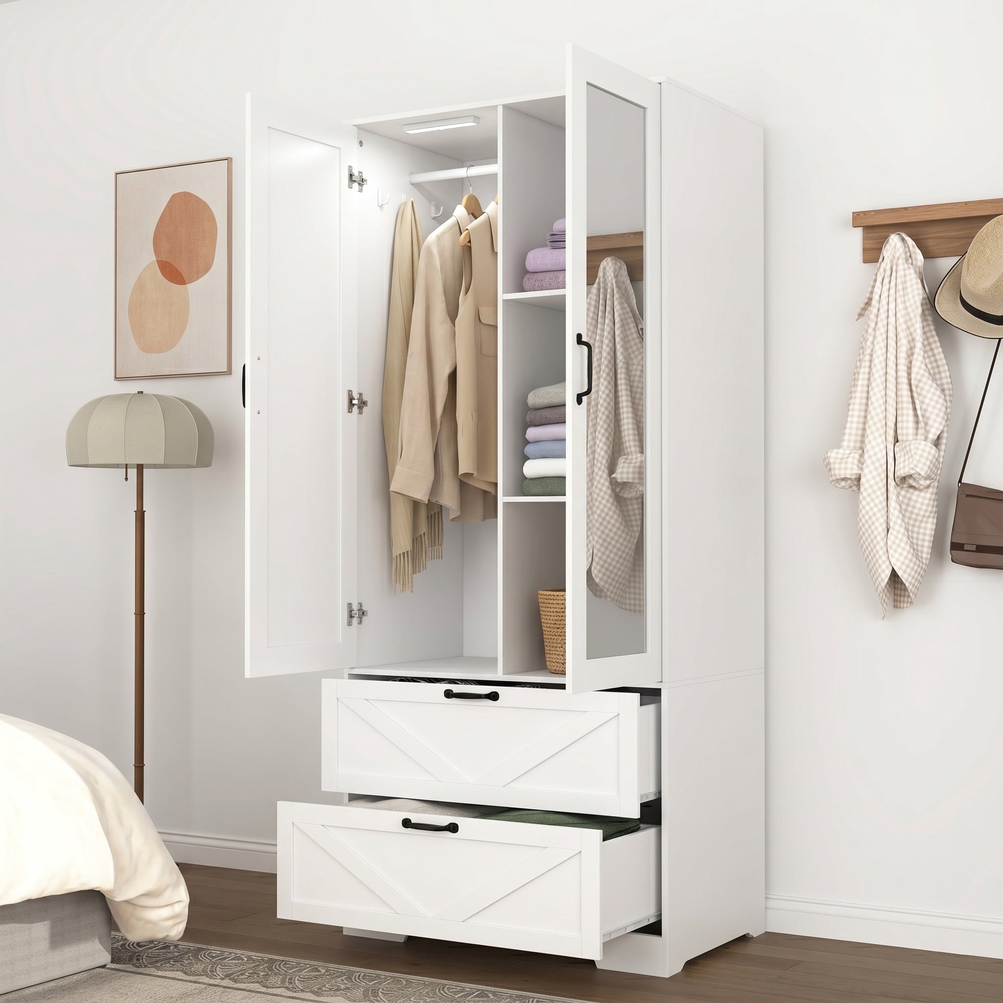 AISWORD 60 Tall Metal Wardrobe Cabinet with 1 Drawer and Hanging Rod, 2 Doors Closet with Adjustable Shelf, White
