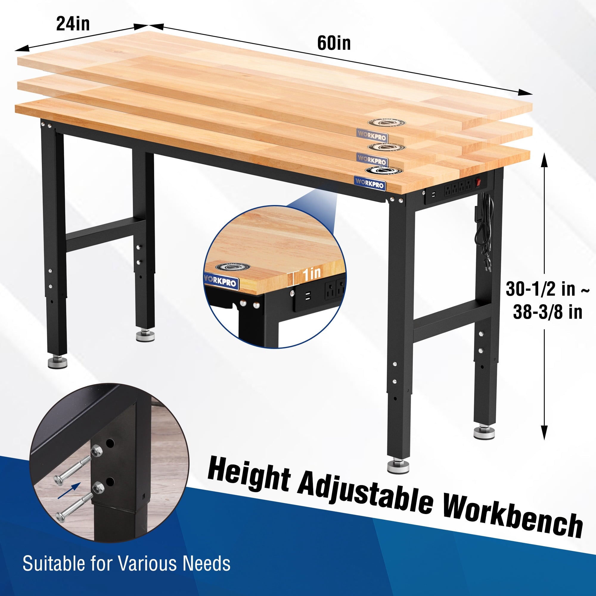 WORKPRO 60” x 24 Adjustable Workbench 1500 LBS Load Capacity Hardwood Worktable with Power Outlets, Leveling Foot