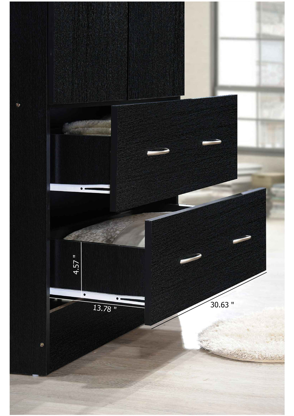 Hodedah 2-Door Armoire with 2-Drawers and Clothing Rod in Black