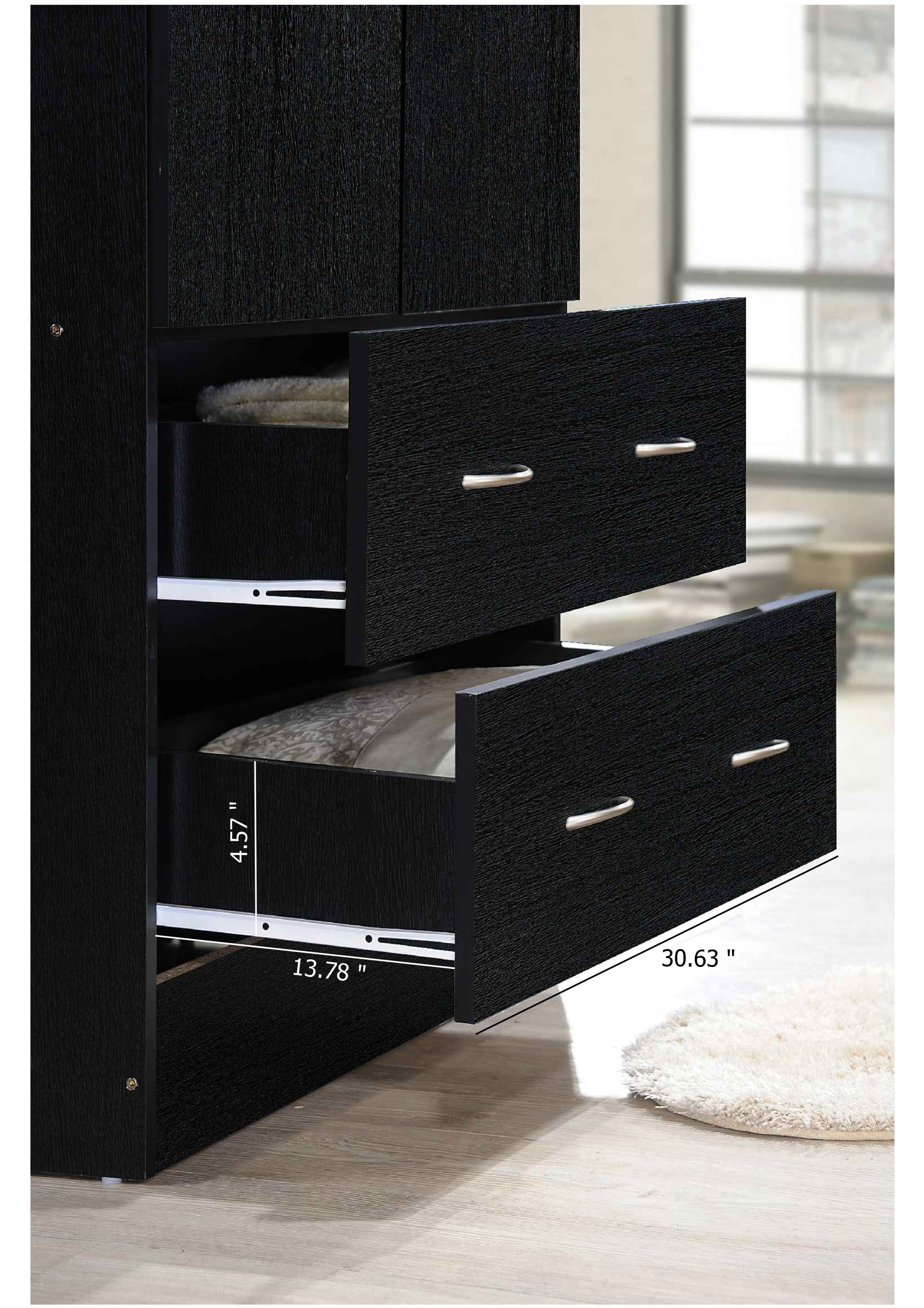 Hodedah 2-Door Armoire with 2-Drawers and Clothing Rod in Black