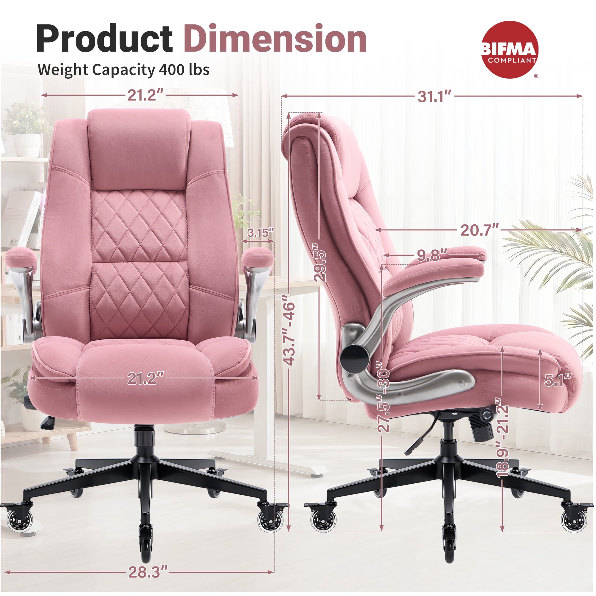 Ergonomic Home Office Chair with Locking Wheels, High-back Desk Chair with Thick Padded Flip-up Armrest, Comfy Executive Chair with Adjustable Lumbar Support for Home & Office & Work