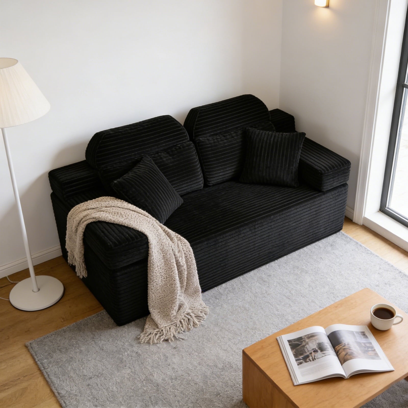 71 High Backrest Sofa for Small Spaces, Compressed Corduroy Couch with Deep Seating for Living Room, Bedroom, Dark Grey