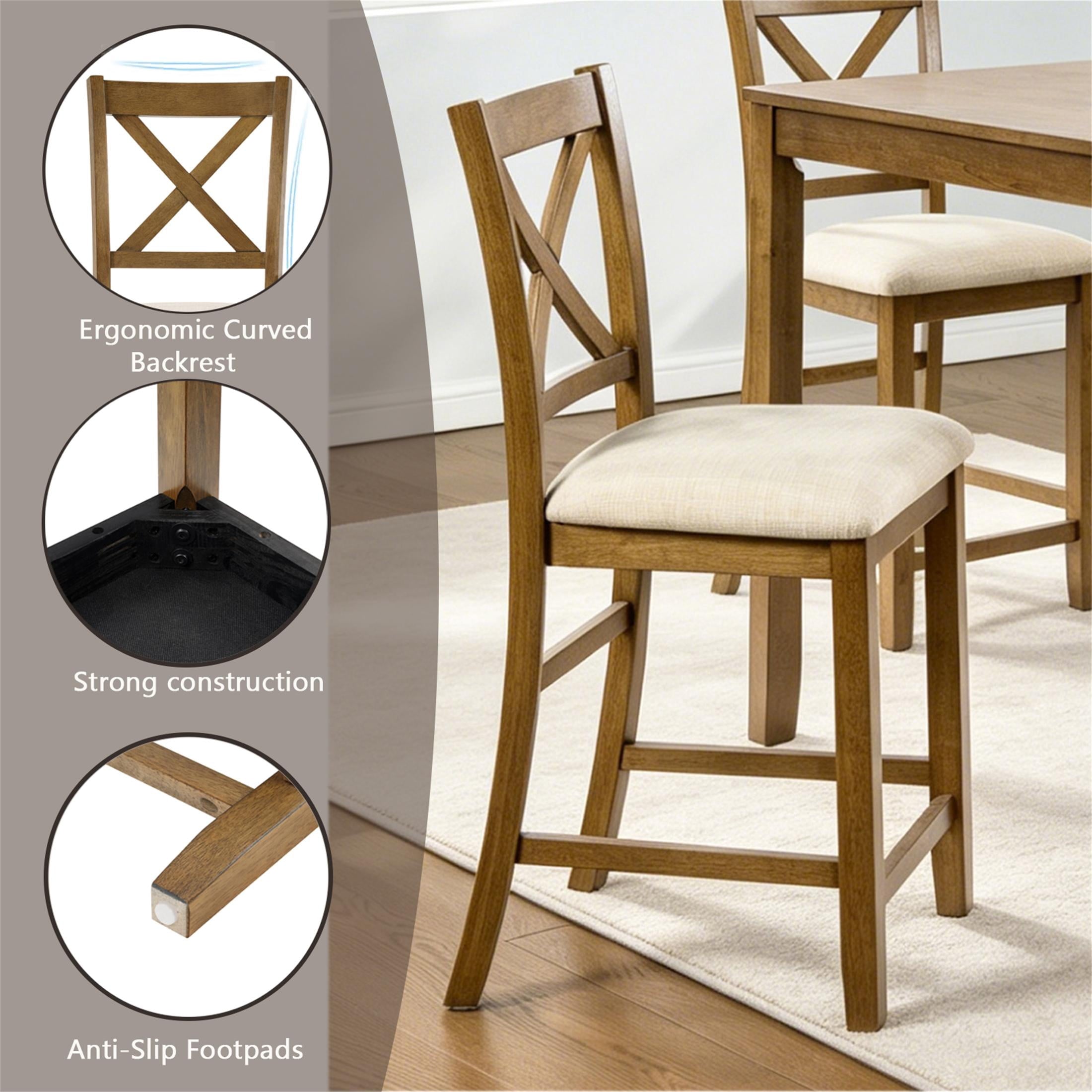 SESSLIFE Dining Table Set for 4, Counter Height Kitchen Table Set with Square Table and 4 Upholstered Chairs, Solid Wood Dining Room Set for 4, Space-Saving, Black & Oak