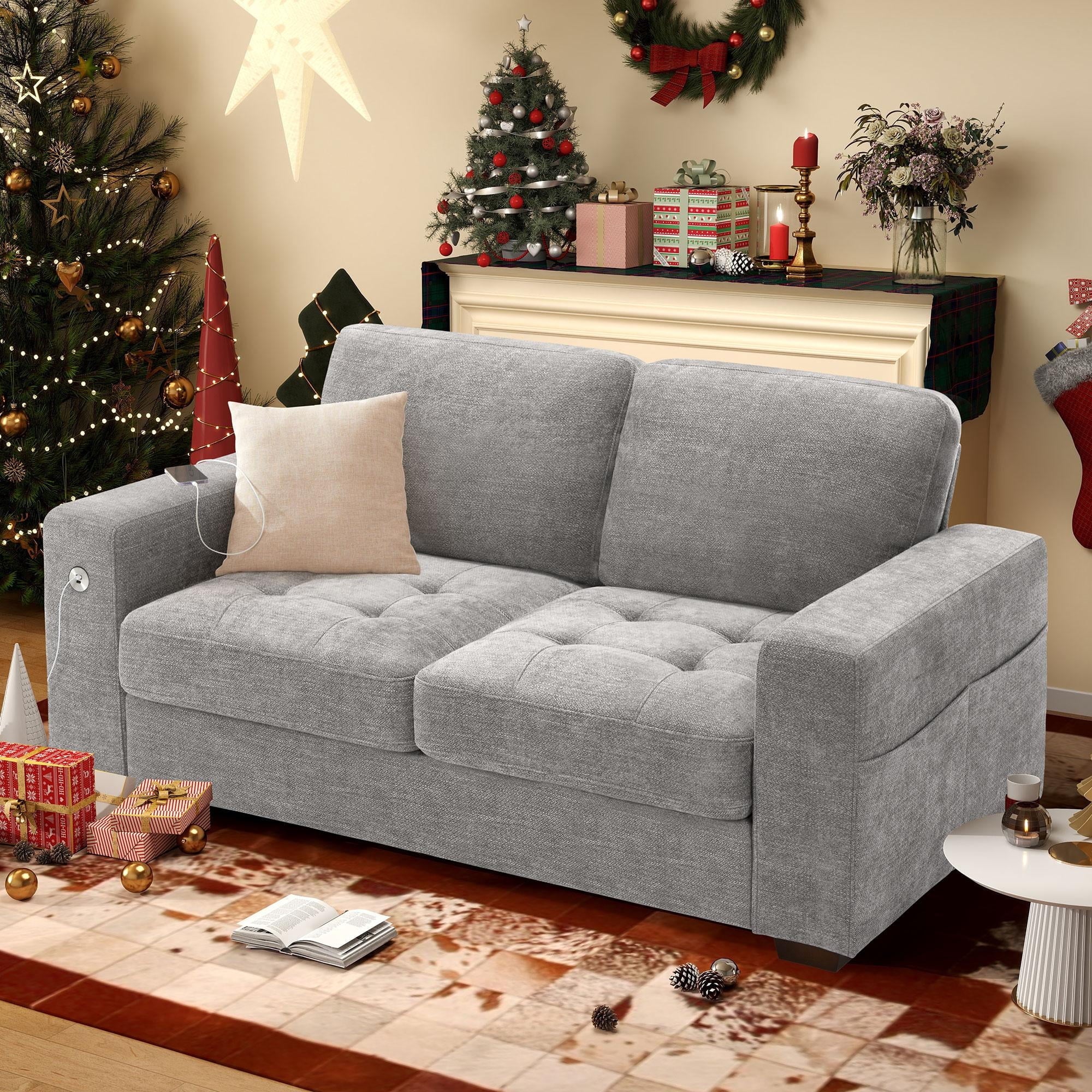 Bedluxury 89 Deep Sofa Couch with USB/Type-C Charging, Storage Pocket & Wide Armrest, Removable Cover, Seats 3 Adults, Chenille Beige