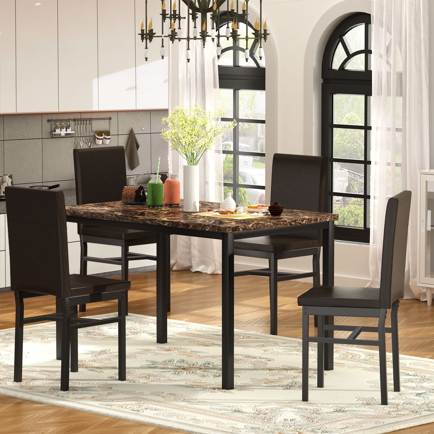 5 Piece Dining Table Set, Modern Faux Marble Tabletop and 4 PU Leather Upholstered Chairs, Rectangle Kitchen Table and Chairs for 4 Persons, Small Dining Set for Bar Dining Room Breakfast Nook