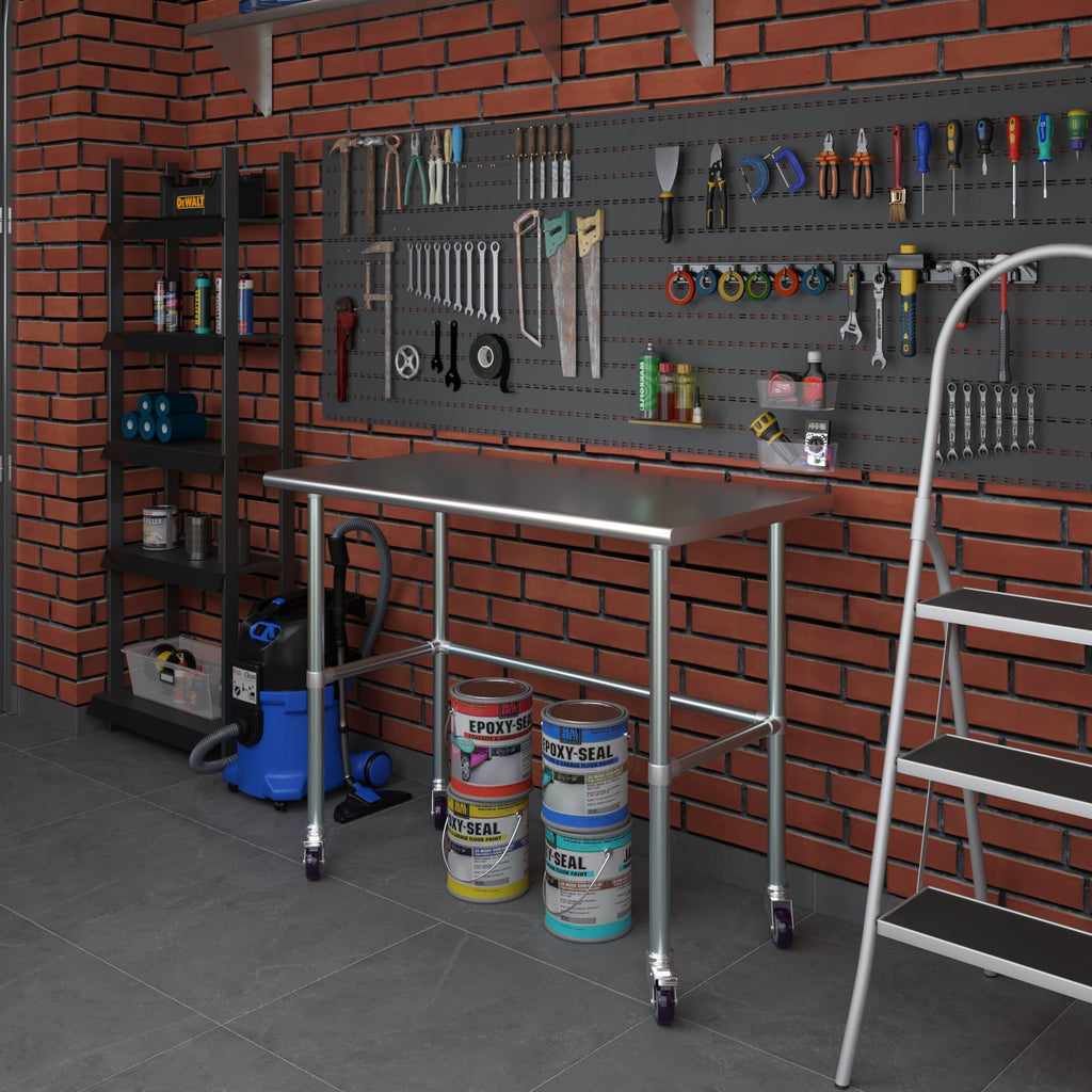 AmGood 36 Long x 30 Deep Stainless-Steel Work Table with Open Base and Wheels, Mobile Metal Table