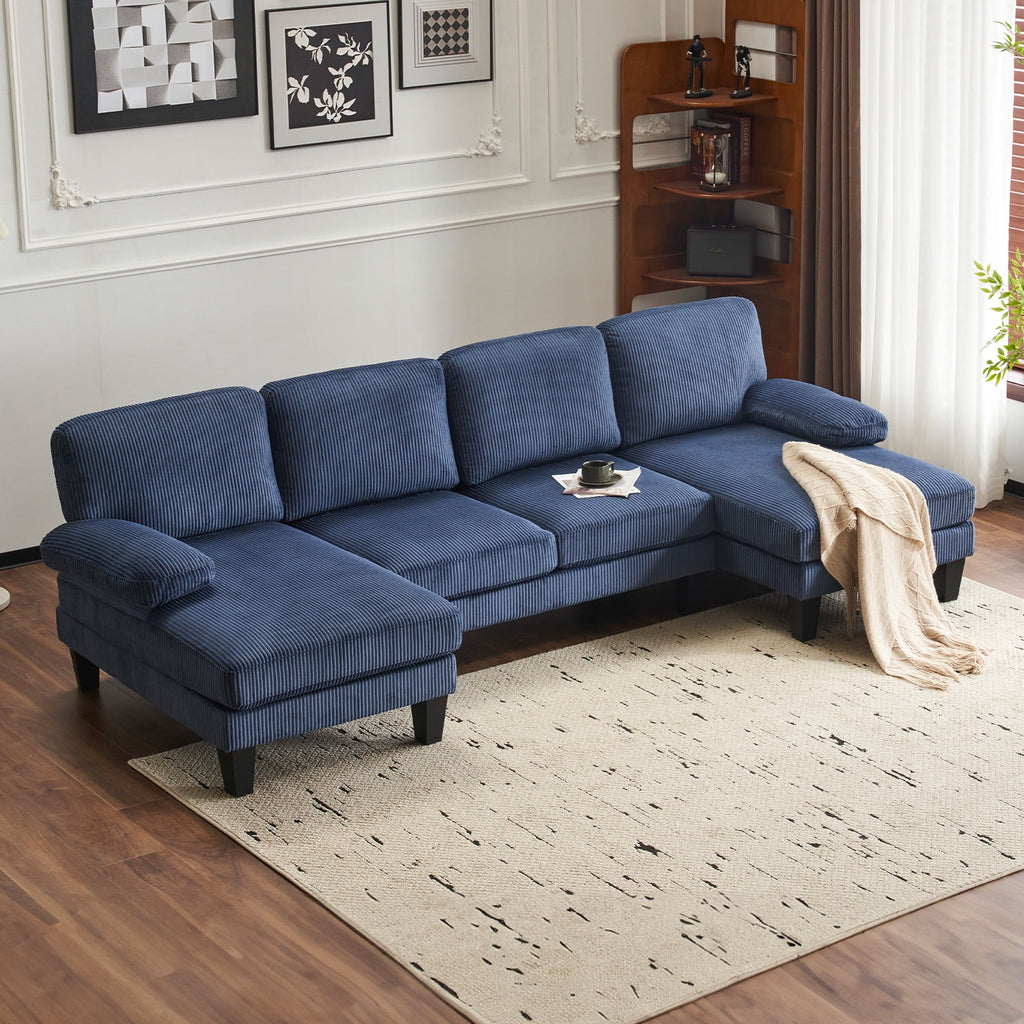 Ktaxon U-Shaped Sectional Sofa, 111  Chenille Couch, 4 Seat Lounge Sleeper with Double Chaise for Living Room Black