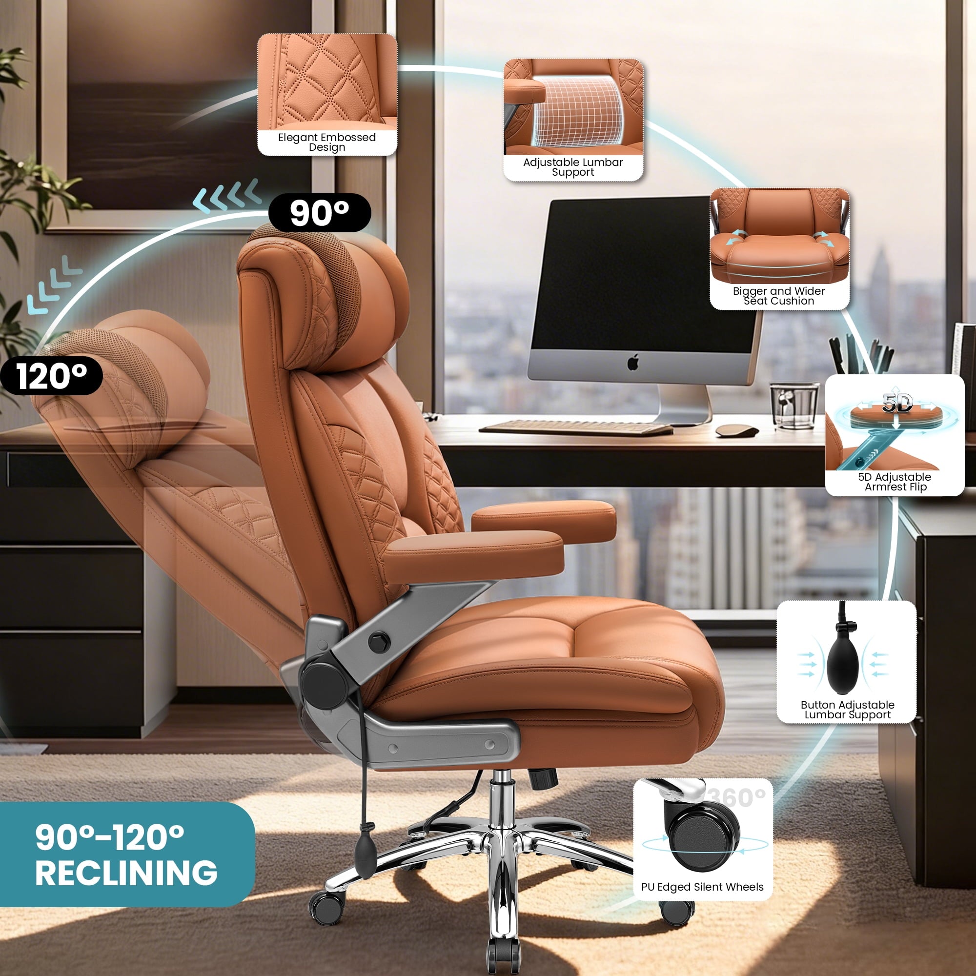 FASTES Leather Office Chair Big and Tall Desk Office Chair, 500lbs Computer Chair Ergonomic Extra Wide Gaming Chair with Adjustable Lumbar Support 5D Flip Arms, Black