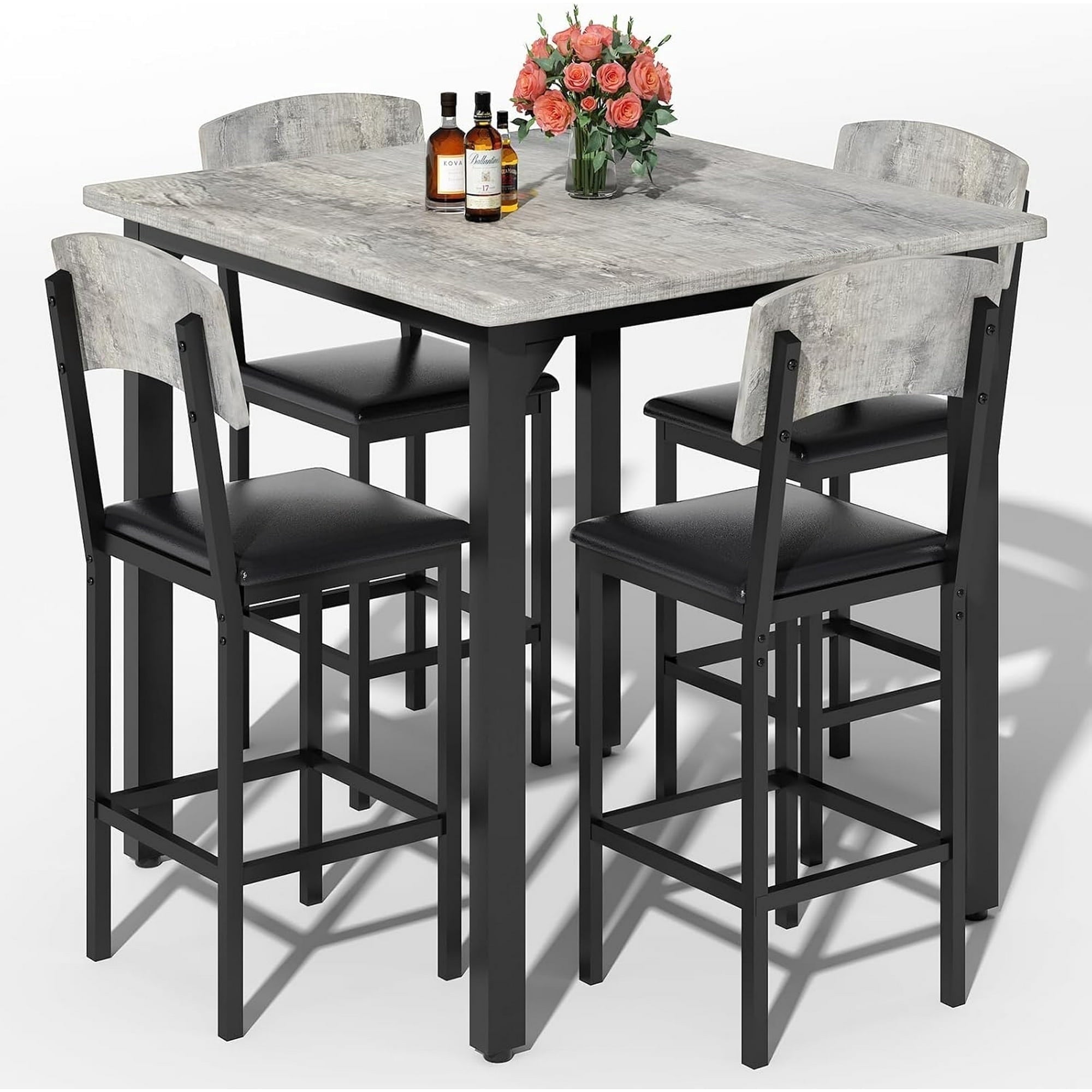 MIERES 5 Piece Dining Table Set High Top Dining Table Set for 4 Counter Height Small Kitchen Table With 4 Velvet Upholstered Chairs, Wood Small Dining Set for Bar Dining Room Breakfast