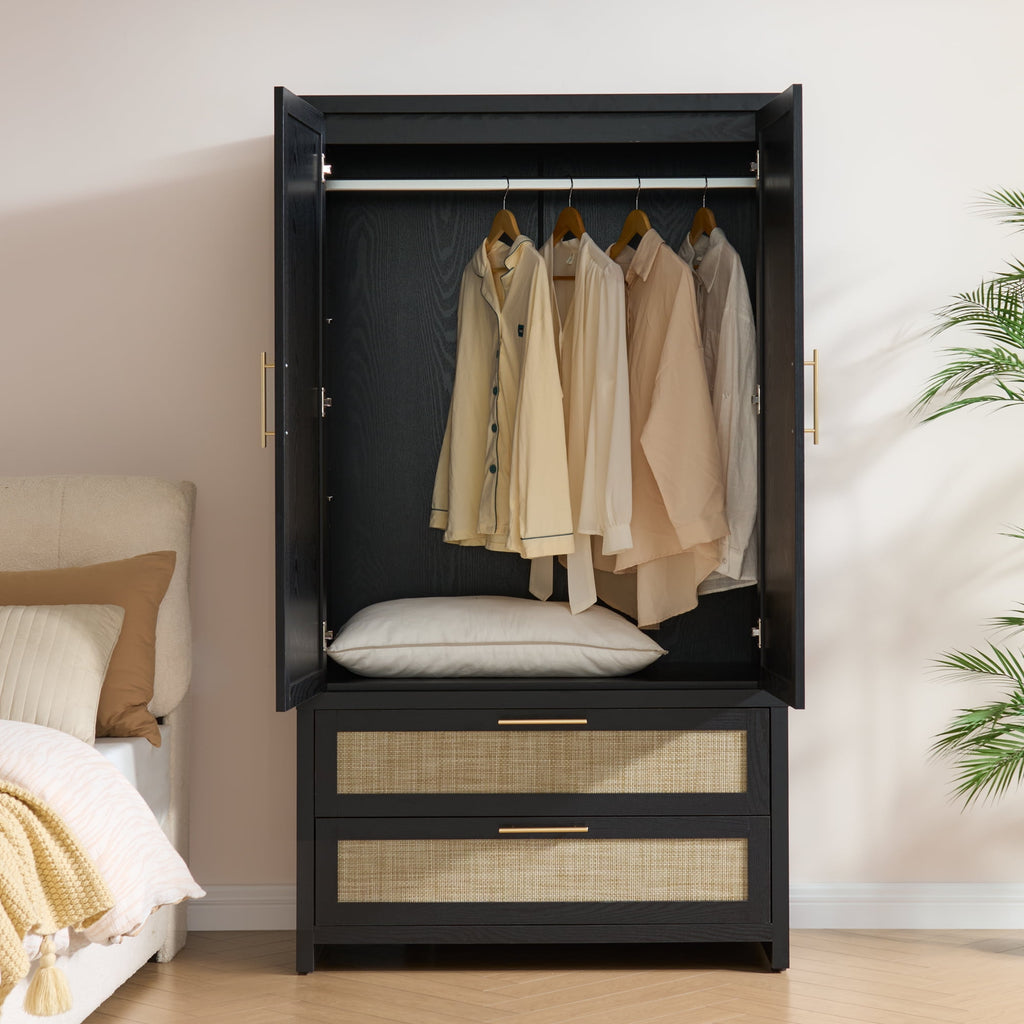 SICOTAS 40W Oversized Boho Armoire Wardrobe Closet with 2 Large Drawers, 71 Tall Rattan Clothing Storage Cabinet with Shelves & Hanging Rod, Farmhouse Freestanding Wardrobe Cabinet for Bedroom, Oak
