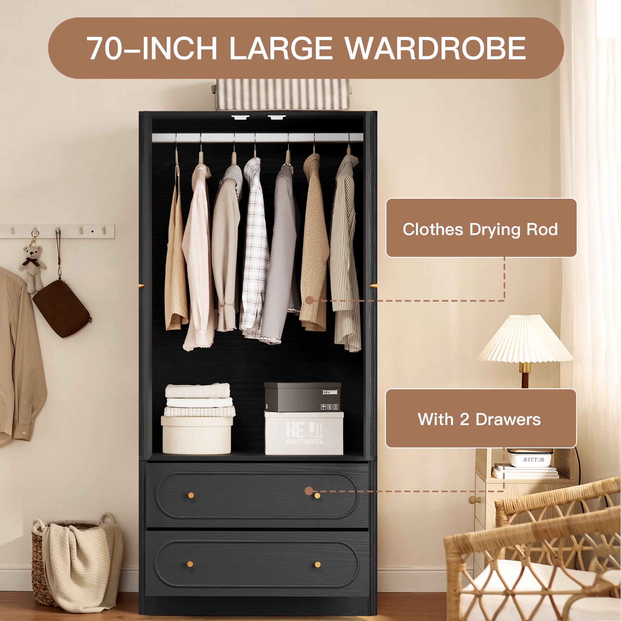 Wirrytor Freestanding Wooden Armoire Wardrobe with 2 Woven Doors and Storage Drawers, Space-Saving Closet Cabinet for Bedroom, Sturdy Mdf Board Closet with Hanging Rail