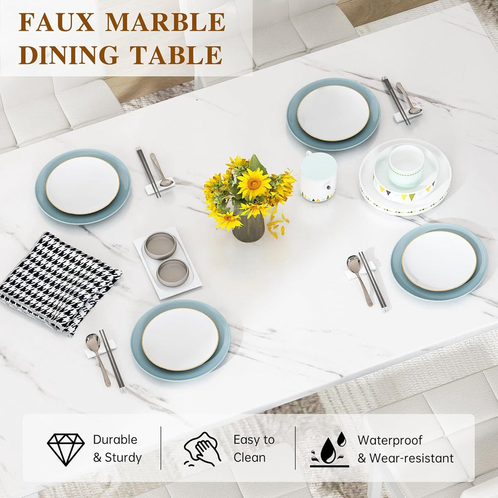 MOOSENG 5-Piece Dining Table Set with Faux Marble Top, Modern Kitchen Table and Set of 4 Grey Velvet Upholstered Chairs, Space-Saving Dinette Set for Small Spaces