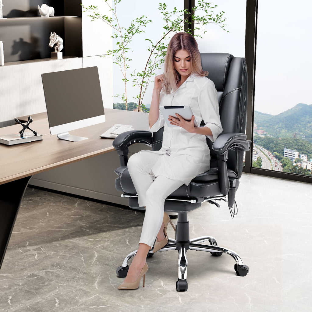 HOMREST Ergonomic Office Chair with 6-Point Massage & Heating, Adjustable Executive Desk Chair with Retractable Footrest, PU Leather Home Office Desk Chair for Home & Office (Black)