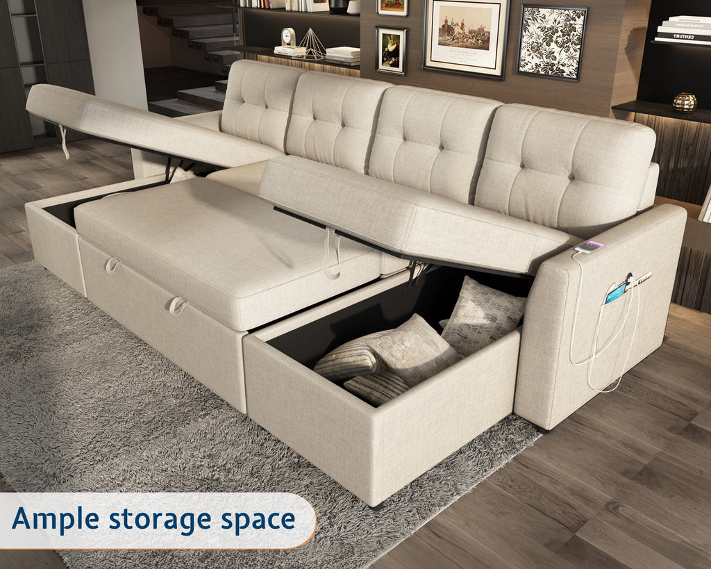 VANACC Sectional Sofa Bed with Storage and Soft Seat ,Reversible Pull Out Couch for Living Room,Gray