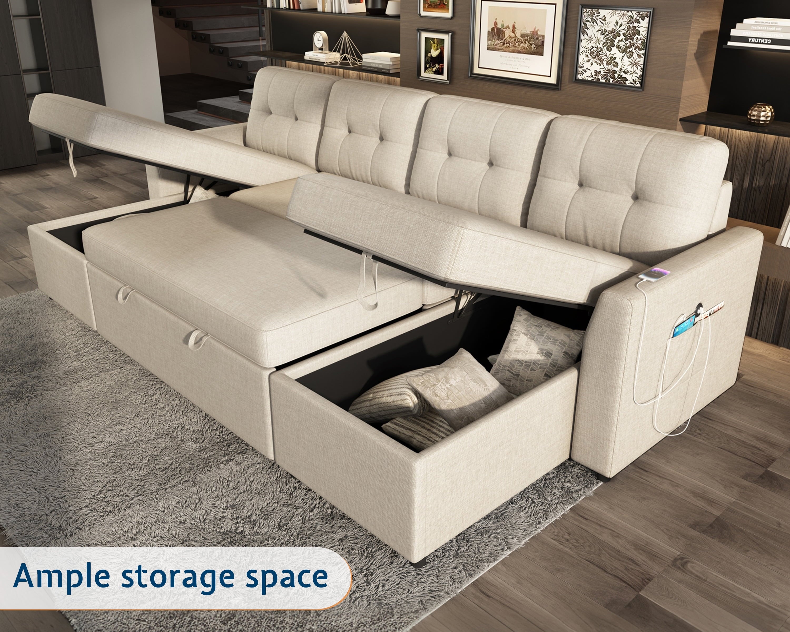 VANACC Sectional Sofa Bed with Storage and Soft Seat ,Reversible Pull Out Couch for Living Room,Gray