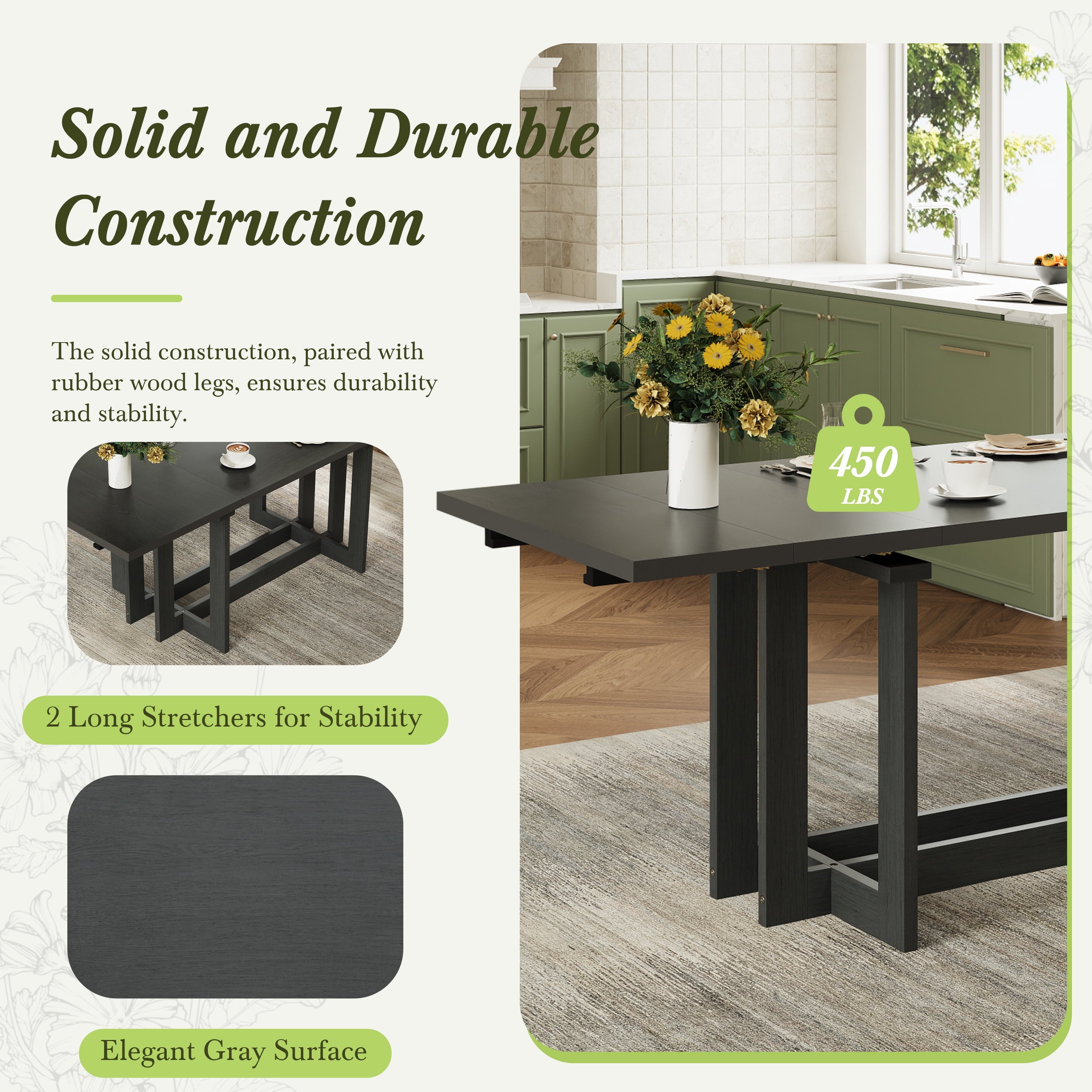 Harper & Bright Designs 7 Pieces Retro Dining Set for 6, Wood Rectangular Table with Designed Trestle Base and 6 Upholstered Chairs for Dining Room and Kitchen, Grey