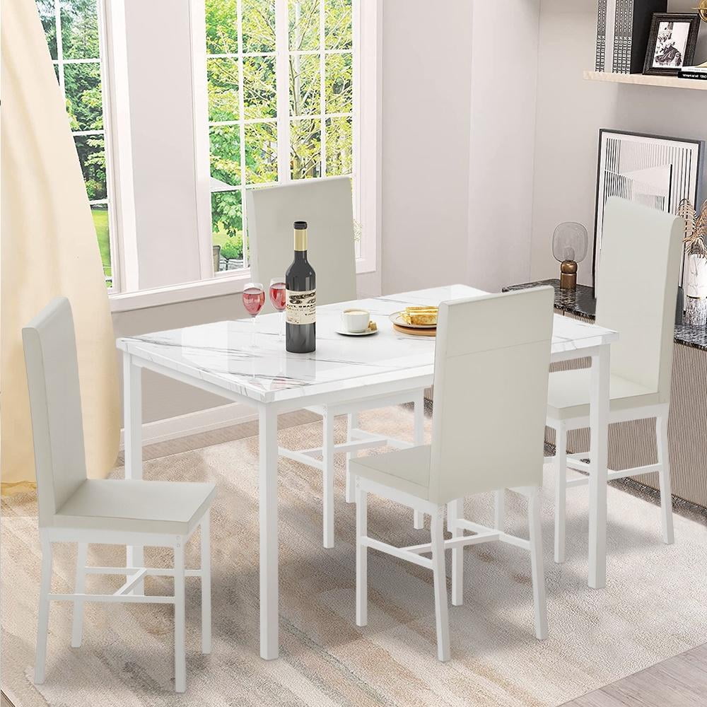 5 Piece Dining Table Set, Modern Faux Marble Tabletop and 4 PU Leather Upholstered Chairs, Rectangle Kitchen Table and Chairs for 4 Persons, Small Dining Set for Bar Dining Room Breakfast Nook
