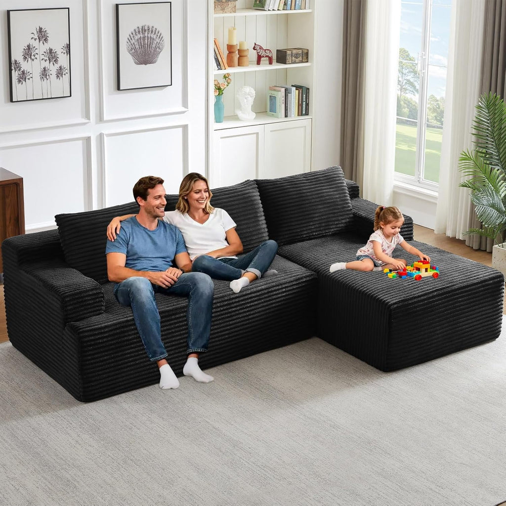 96 Boneless Cloud Couch with Chaise, Modular Sectional Sofa for Living Room, No Assembly Required, Deep Seat Corduroy Couch, Green
