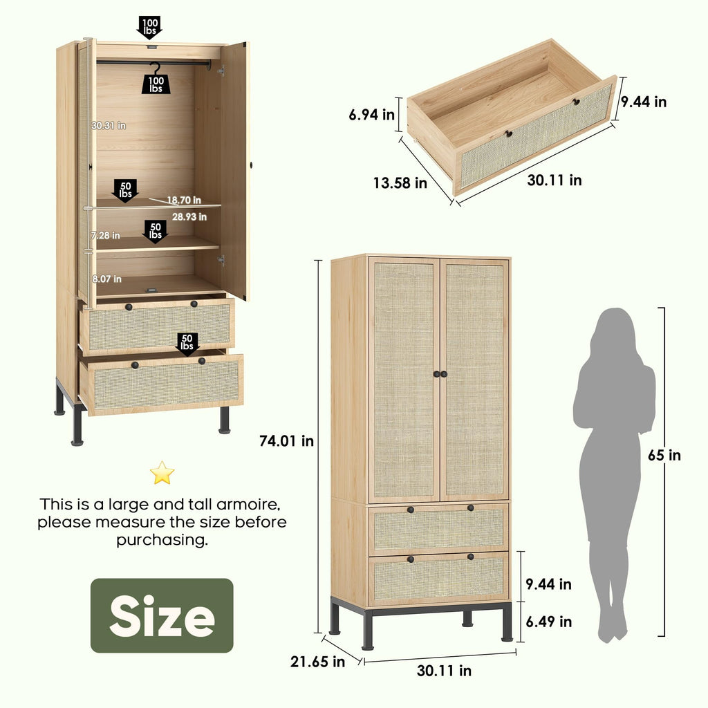 Brafabhome 67H Fluted Armoire Wardrobe Closet with Drawer, Wooden 2 Doors Wardrobe Cabinet with Hanging Rod & Adjustable Shelf for Bedroom | Whitewash